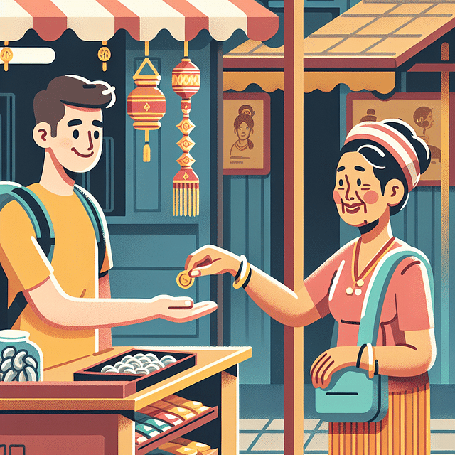 Tourist receiving change with the right hand from a Thai vendor