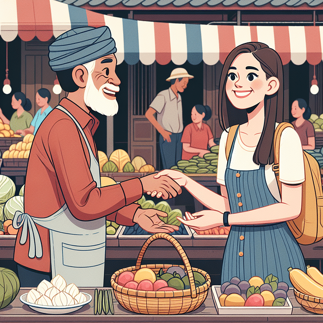 Smiling tourist bargaining with a Thai market vendor