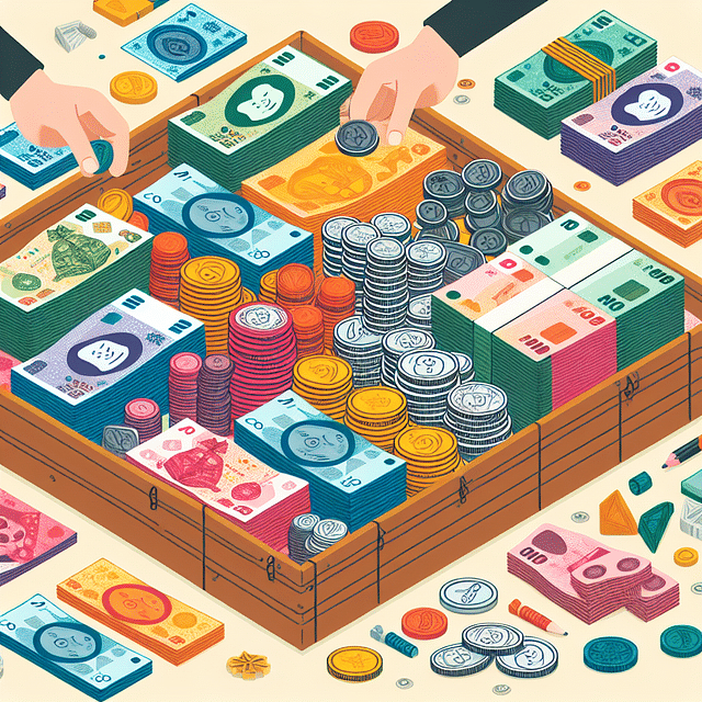 Colorful array of Thai Baht notes and coins spread out on a market stall