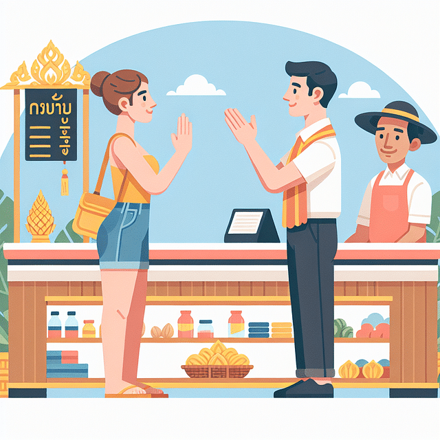 Tourist giving a 'wai' to a Thai shopkeeper