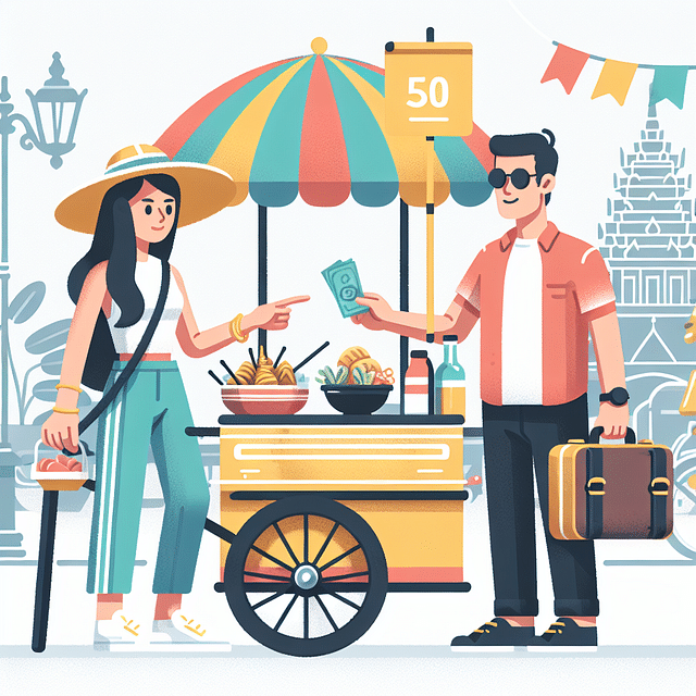Tourist handing a 50 Baht note to a street food vendor