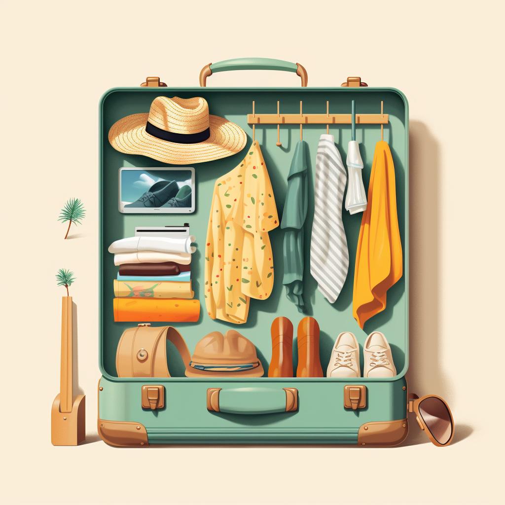 Packed suitcase with beach essentials