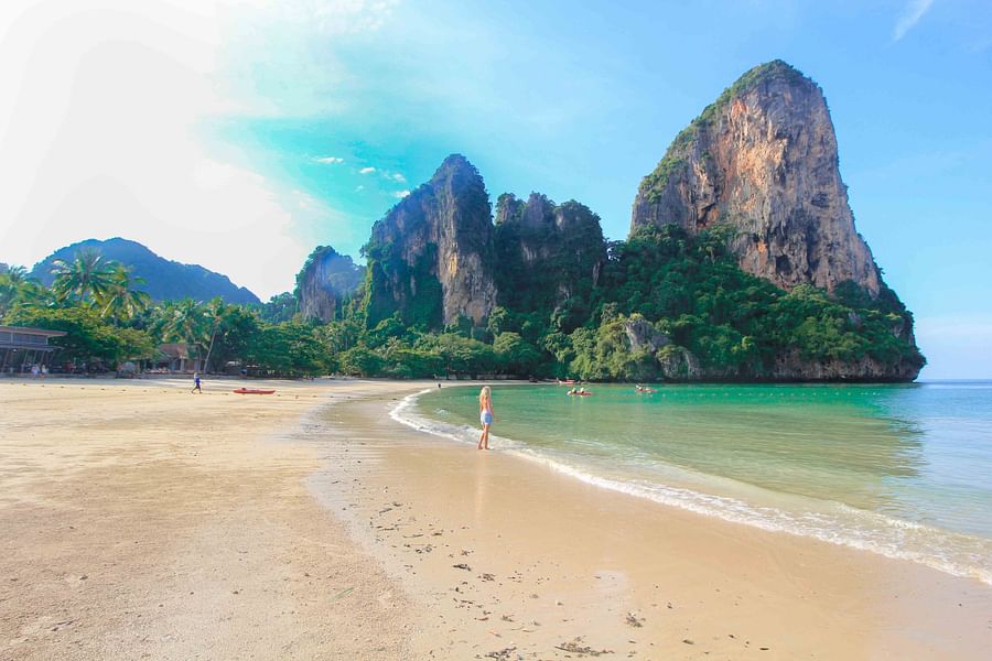 Stunning view of Railay Beach with its iconic limestone cliffs in Thailand